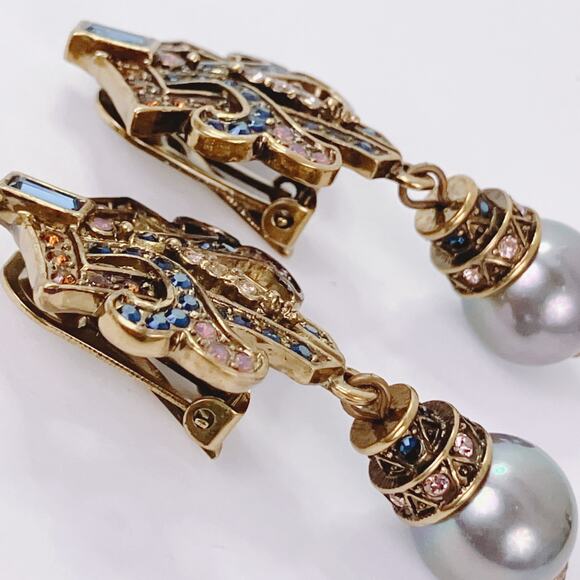 Signed Heidi Daus Gold Tone Crystal Pearl Drop Clip On Earrings VTG Swarovski? - Picture 7 of 17